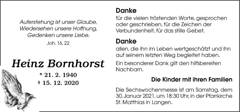  Traueranzeige für Heinz Bornhorst vom 27.01.2021 aus Neue Osnabrücker Zeitung GmbH & Co. KG