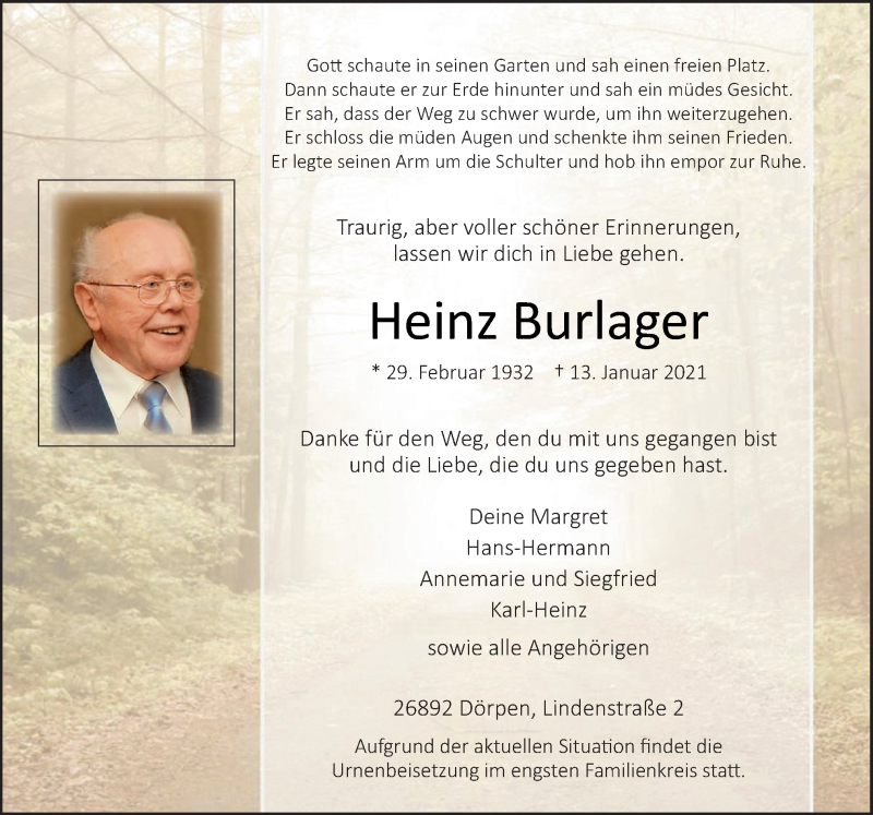 Traueranzeige für Heinz Burlager vom 16.01.2021 aus Neue Osnabrücker Zeitung GmbH & Co. KG