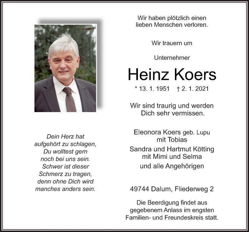  Traueranzeige für Heinz Koers vom 06.01.2021 aus Neue Osnabrücker Zeitung GmbH & Co. KG