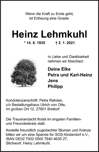 Traueranzeige von Heinz Lehmkuhl von Neue Osnabrücker Zeitung GmbH & Co. KG