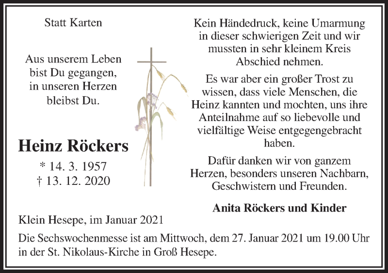  Traueranzeige für Heinz Röckers vom 22.01.2021 aus Neue Osnabrücker Zeitung GmbH & Co. KG