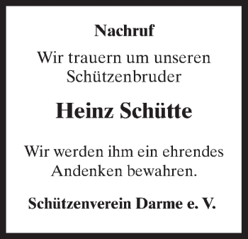 Traueranzeige von Heinz Schütte von Neue Osnabrücker Zeitung GmbH & Co. KG