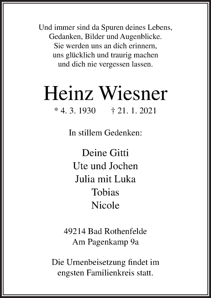  Traueranzeige für Heinz Wiesner vom 30.01.2021 aus Neue Osnabrücker Zeitung GmbH & Co. KG