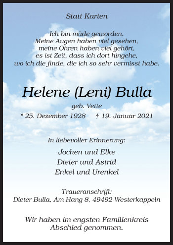 Traueranzeige von Helene Bulla von Neue Osnabrücker Zeitung GmbH & Co. KG