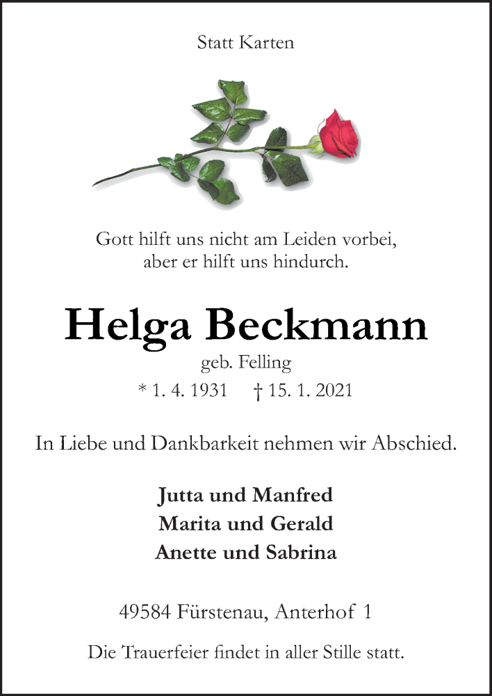 Traueranzeigen Von Helga Beckmann Noz Trauerportal 7059