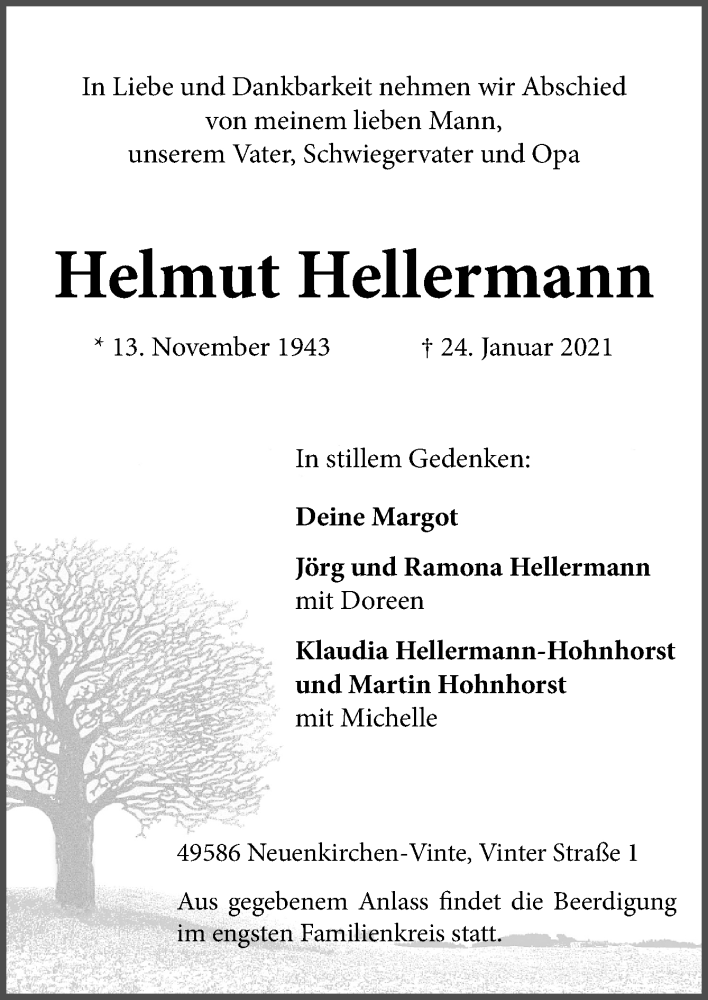  Traueranzeige für Helmut Hellermann vom 27.01.2021 aus Neue Osnabrücker Zeitung GmbH & Co. KG