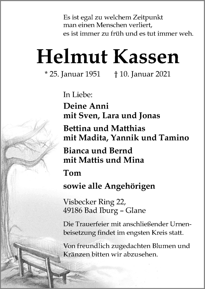  Traueranzeige für Helmut Kassen vom 16.01.2021 aus Neue Osnabrücker Zeitung GmbH & Co. KG