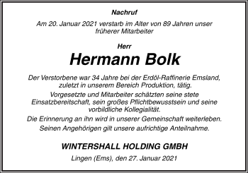 Traueranzeige von Hermann Bolk von Neue Osnabrücker Zeitung GmbH & Co. KG