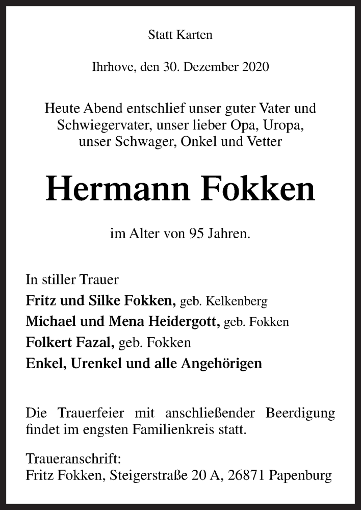  Traueranzeige für Hermann Fokken vom 02.01.2021 aus Neue Osnabrücker Zeitung GmbH & Co. KG