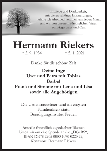 Traueranzeige von Hermann Riekers von Neue Osnabrücker Zeitung GmbH & Co. KG