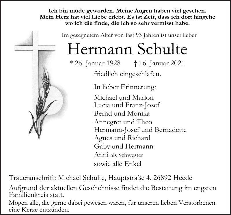  Traueranzeige für Hermann Schulte vom 18.01.2021 aus Neue Osnabrücker Zeitung GmbH & Co. KG