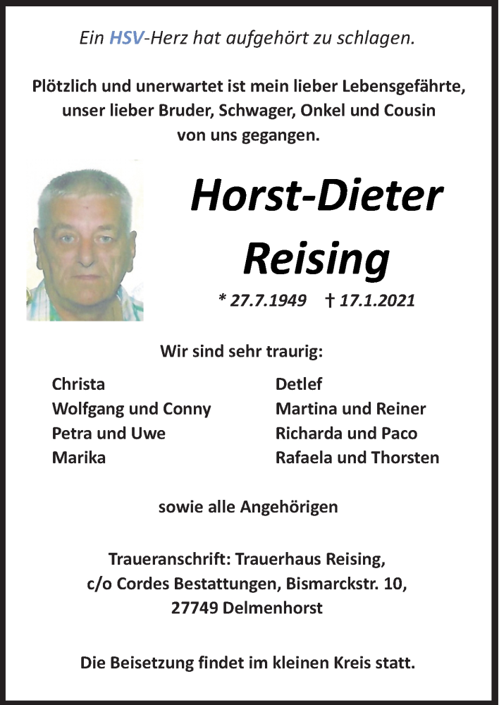  Traueranzeige für Horst-Dieter Reising vom 21.01.2021 aus Neue Osnabrücker Zeitung GmbH & Co. KG