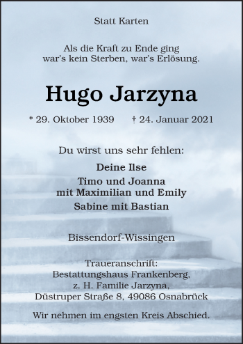 Traueranzeige von Hugo Jarzyna von Neue Osnabrücker Zeitung GmbH & Co. KG