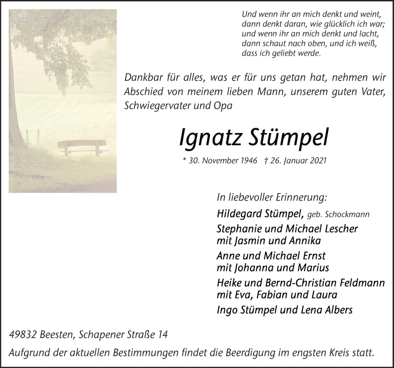  Traueranzeige für Ignatz Stümpel vom 28.01.2021 aus Neue Osnabrücker Zeitung GmbH & Co. KG