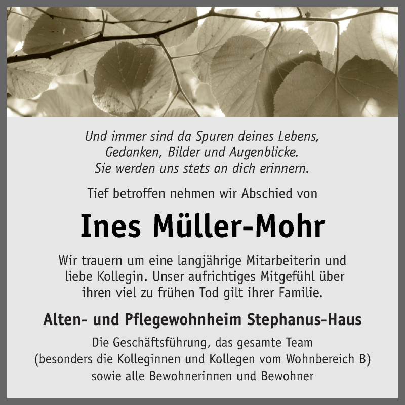  Traueranzeige für Ines Müller-Mohr vom 20.01.2021 aus Neue Osnabrücker Zeitung GmbH & Co. KG