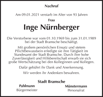 Traueranzeige von Inge Nürnberger von Neue Osnabrücker Zeitung GmbH & Co. KG