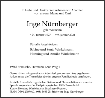 Traueranzeige von Inge Nürnberger von Neue Osnabrücker Zeitung GmbH & Co. KG