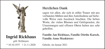 Traueranzeige von Ingrid Rickhaus von Neue Osnabrücker Zeitung GmbH & Co. KG