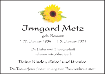 Traueranzeige von Irmgard Metz von Neue Osnabrücker Zeitung GmbH & Co. KG