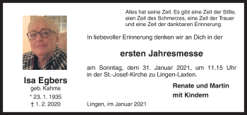 Traueranzeige von Isa Egbers von Neue Osnabrücker Zeitung GmbH & Co. KG