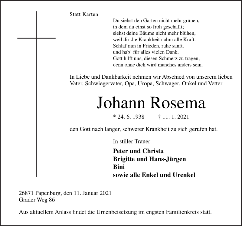  Traueranzeige für Johann Rosema vom 13.01.2021 aus Neue Osnabrücker Zeitung GmbH & Co. KG