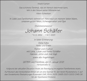 Traueranzeige von Johann Schäfer von Neue Osnabrücker Zeitung GmbH & Co. KG