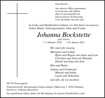 Traueranzeige von Johanna Bockstette von Neue Osnabrücker Zeitung GmbH & Co. KG