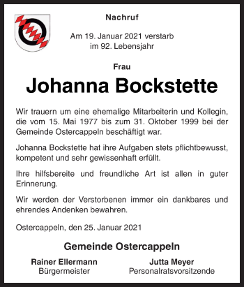 Traueranzeige von Johanna Bockstette von Neue Osnabrücker Zeitung GmbH & Co. KG