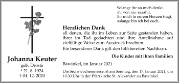 Traueranzeige von Johanna Keuter von Neue Osnabrücker Zeitung GmbH & Co. KG