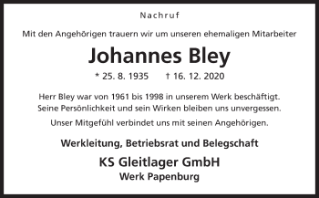 Traueranzeige von Johannes Bley von Neue Osnabrücker Zeitung GmbH & Co. KG