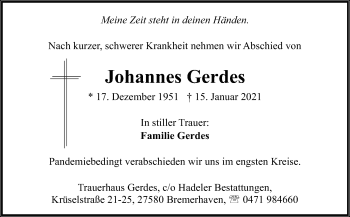 Traueranzeige von Johannes Gerdes von Neue Osnabrücker Zeitung GmbH & Co. KG