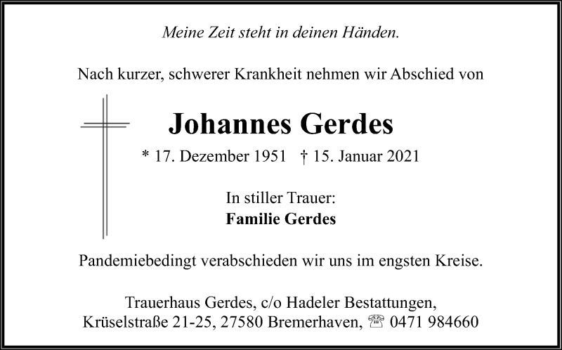  Traueranzeige für Johannes Gerdes vom 20.01.2021 aus Neue Osnabrücker Zeitung GmbH & Co. KG