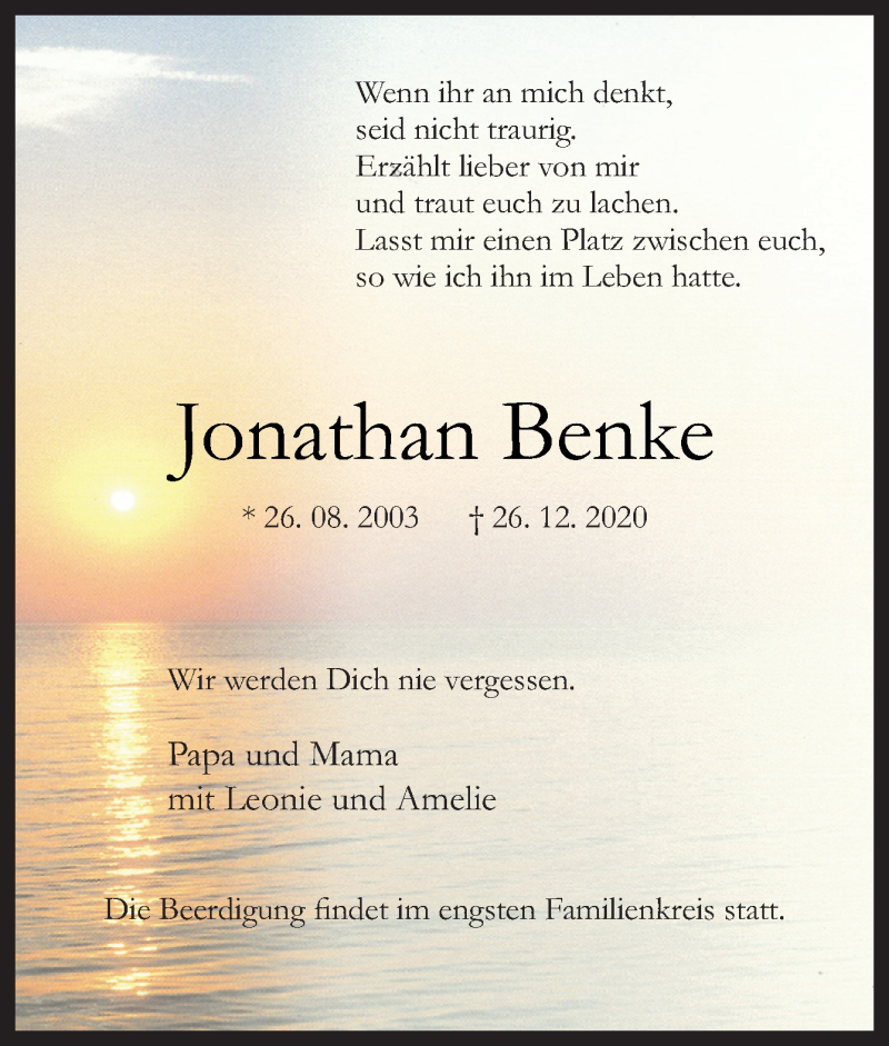  Traueranzeige für Jonathan Benke vom 02.01.2021 aus Neue Osnabrücker Zeitung GmbH & Co. KG