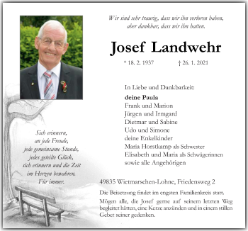 Traueranzeige von Josef Landwehr von Neue Osnabrücker Zeitung GmbH & Co. KG