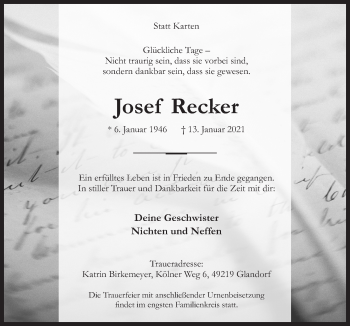 Traueranzeige von Josef Recker von Neue Osnabrücker Zeitung GmbH & Co. KG