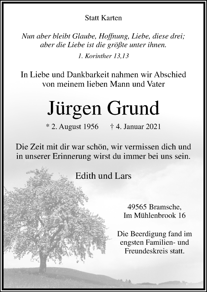  Traueranzeige für Jürgen Grund vom 09.01.2021 aus Neue Osnabrücker Zeitung GmbH & Co. KG