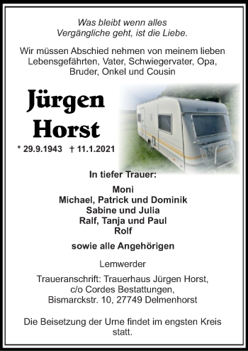 Traueranzeige von Jürgen Horst von Neue Osnabrücker Zeitung GmbH & Co. KG