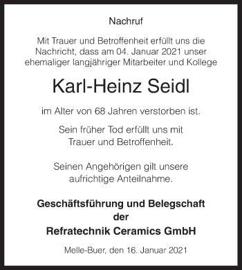 Traueranzeige von Karl-Heinz Seidl von Neue Osnabrücker Zeitung GmbH & Co. KG