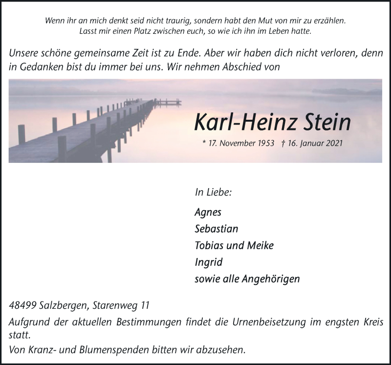  Traueranzeige für Karl-Heinz Stein vom 20.01.2021 aus Neue Osnabrücker Zeitung GmbH & Co. KG