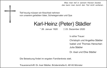 Traueranzeige von Karl-Heinz  Städler von Neue Osnabrücker Zeitung GmbH & Co. KG