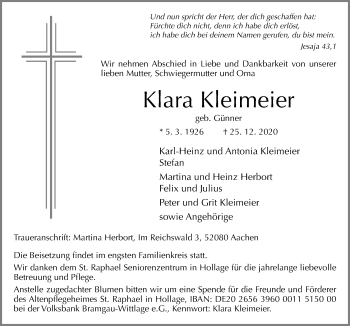 Traueranzeige von Klara Kleimeier von Neue Osnabrücker Zeitung GmbH & Co. KG