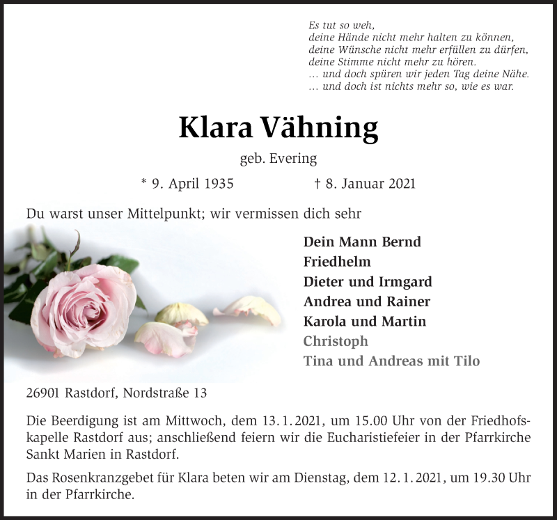  Traueranzeige für Klara Vähning vom 12.01.2021 aus Neue Osnabrücker Zeitung GmbH & Co. KG