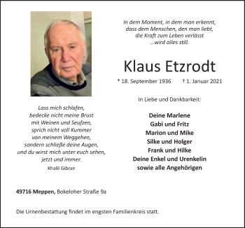 Traueranzeige von Klaus Etzrodt von Neue Osnabrücker Zeitung GmbH & Co. KG