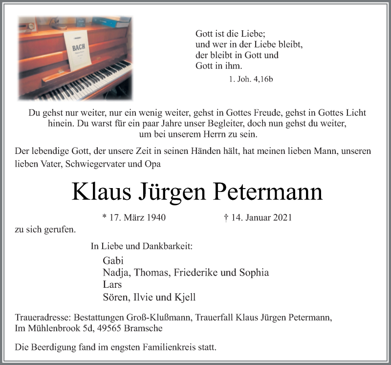  Traueranzeige für Klaus Jürgen Petermann vom 21.01.2021 aus Neue Osnabrücker Zeitung GmbH & Co. KG