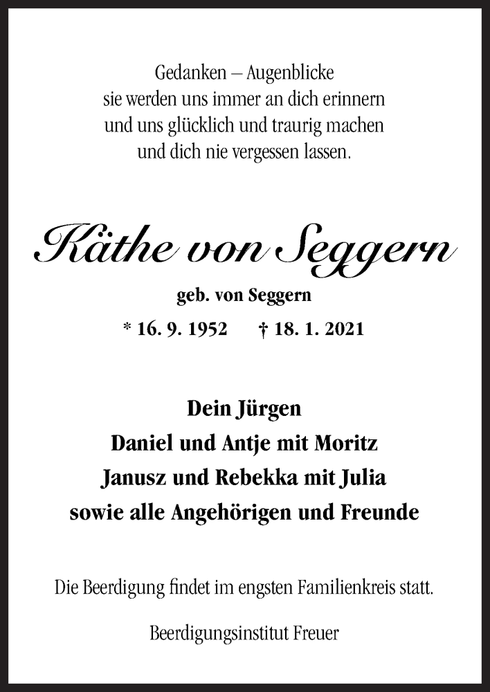  Traueranzeige für Käthe von Seggern vom 21.01.2021 aus Neue Osnabrücker Zeitung GmbH & Co. KG