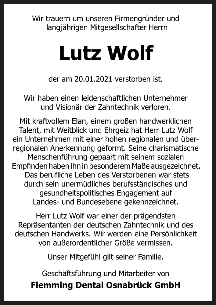  Traueranzeige für Lutz G. Wolf vom 30.01.2021 aus Neue Osnabrücker Zeitung GmbH & Co. KG