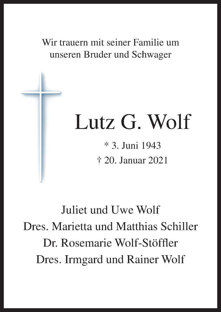  Traueranzeige für Lutz G. Wolf vom 30.01.2021 aus Neue Osnabrücker Zeitung GmbH & Co. KG