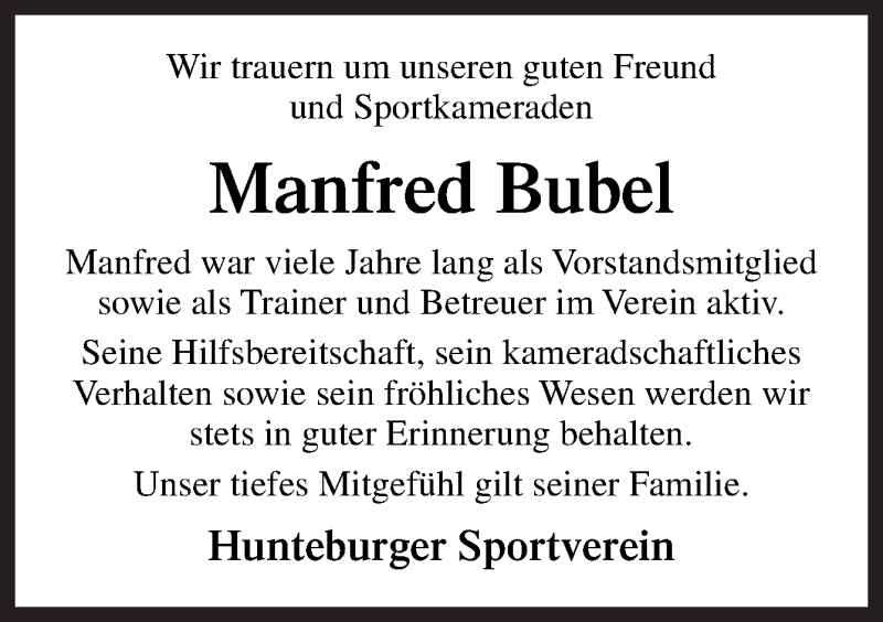 Traueranzeige für Manfred Bubel vom 23.01.2021 aus Neue Osnabrücker Zeitung GmbH & Co. KG