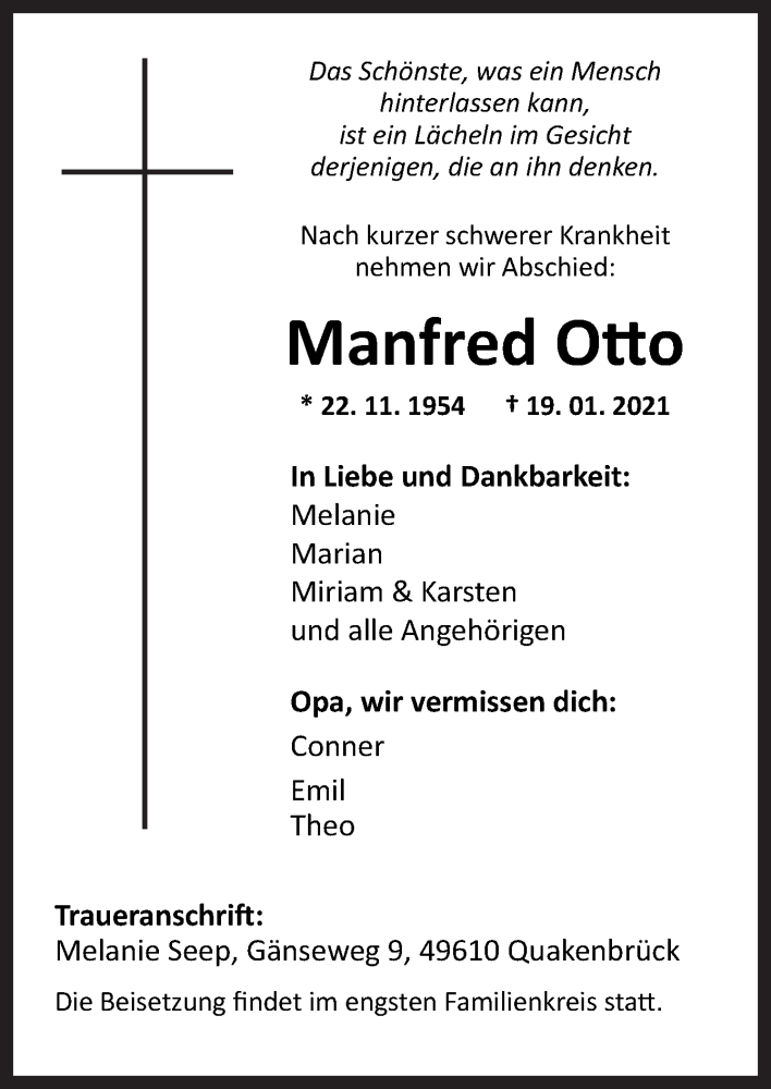  Traueranzeige für Manfred Otto vom 23.01.2021 aus Neue Osnabrücker Zeitung GmbH & Co. KG