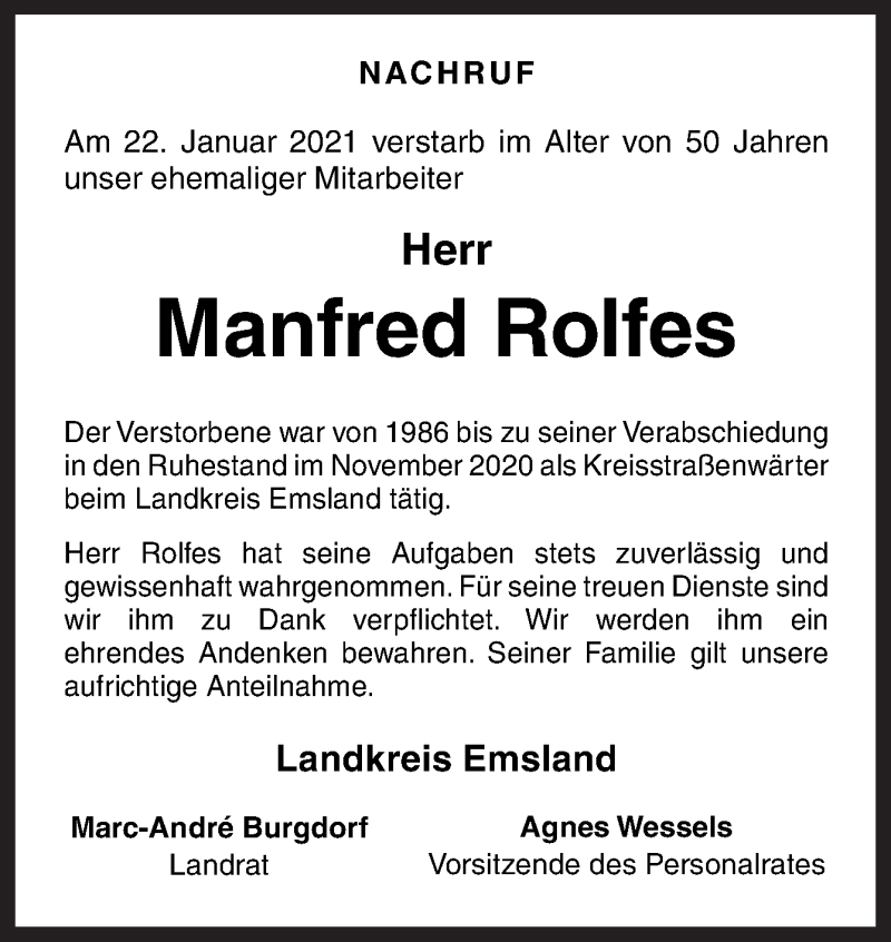  Traueranzeige für Manfred Rolfes vom 27.01.2021 aus Neue Osnabrücker Zeitung GmbH & Co. KG